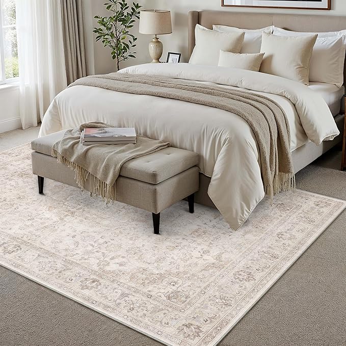 HUGEAR Area Rug 8x10 Vintage Beige Machine Washable Living Room Rugs Thin Neutral Floral Vacuumable Low Pile Carpet Bedroom Office Dining Room Laundry Room Non Slip Soft Lightweight