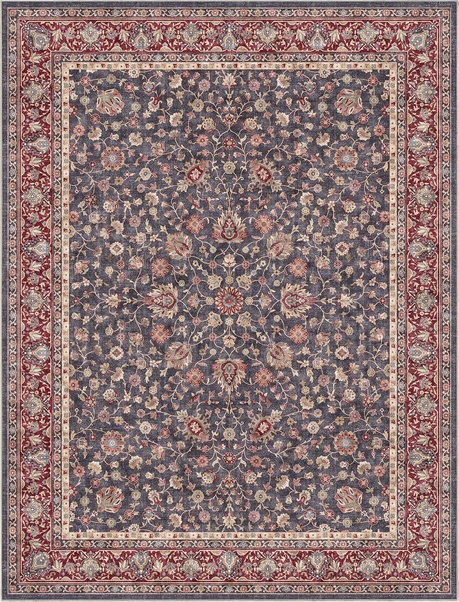 Well Woven Asha Rome Navy Blue Red 7'7" x 9'10" Area Rug - Oriental Floral Pattern, Easy Clean, Floor-Friendly Backing - for Living Room, Bedroom, and Dining Room