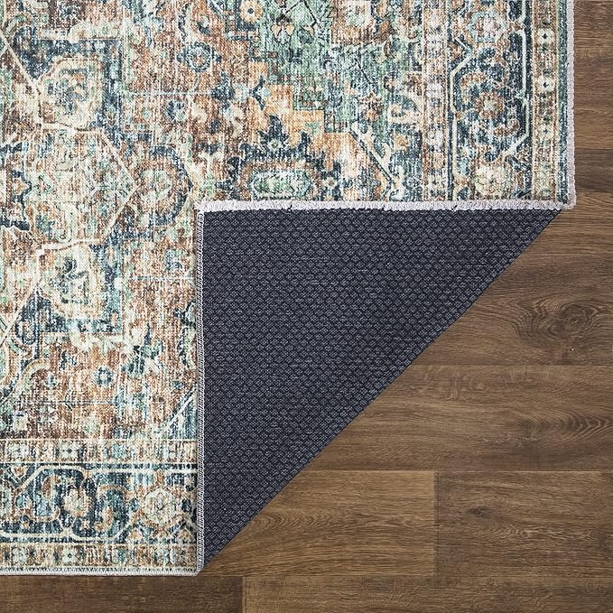 Bloom Rugs Caria Washable Non-Slip 5x7 Rug - Blue Green/Tangerine Traditional Area Rug for Living Room, Bedroom, Dining Room, and Kitchen - Exact Size: 5' x 7'