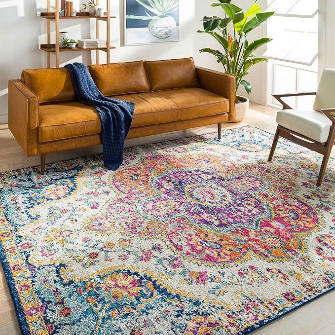 Livabliss Area Rugs - 5x7 Romaine Vintage Boho Fuchsia Mustard Blue Area Rug for Living Room Bedroom - Floral Medallion Stain Resistant Carpet for Kitchen, Nursery, Office (5'3" x 7'6")
