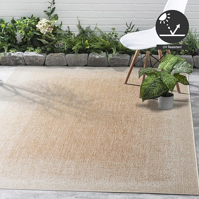 FH Home Outdoor Rug - Waterproof Easy to Clean Stain Resistant - Patio Indoor Outdoor Porch Deck Balcony Entryway - Ombre Modern - Dhruva - Beige - 5ft 2in x 7ft 6in
