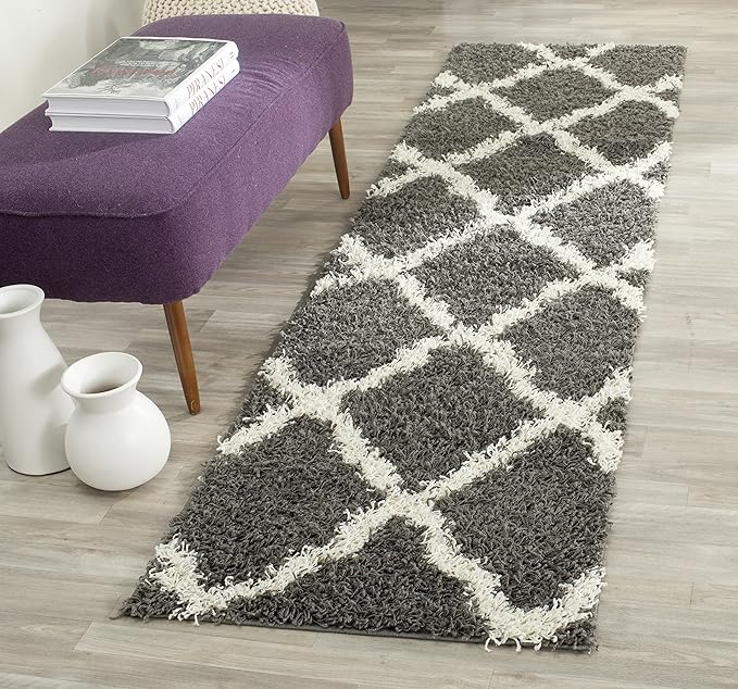 SAFAVIEH Dallas Shag Collection Runner Rug - 2'3" x 20', Dark Grey & Ivory, Trellis Design, Non-Shedding & Easy Care, 1.5-inch Thick Ideal for High Traffic Areas in Living Room, Bedroom (SGD257A)