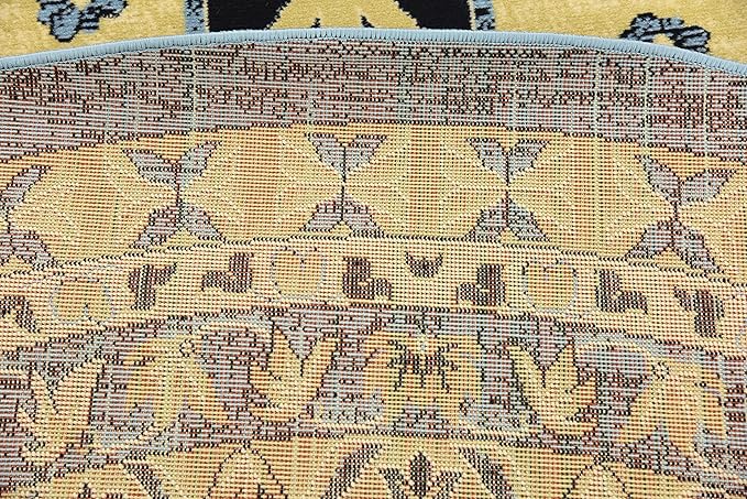 Unique Loom Taftan Collection Border Geometric Tribal Inspired Design Area Rug (8' 0 x 8' 0 Round, Light Blue/ Gold)