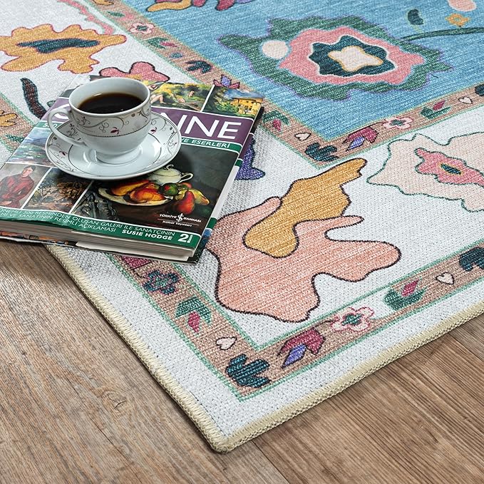 Fame Living Colorful Oushak Rug, Modern, Vintage, Turkish, Eclectic, Floral, Pastel, Washable, Oversized, Extra Large Area Rugs for Living Room, Dining, Bedroom, Lounge 9'5"x14'