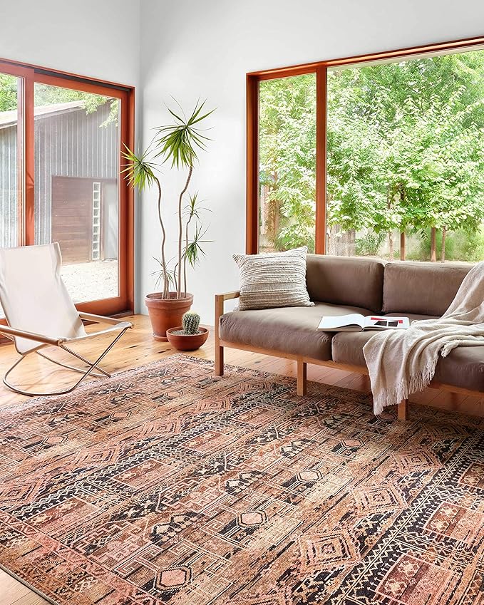 Loloi Layla Collection LAY-14 Mocha/Blush 2'-6" x 12'-0" .13" Thick Runner Rug, Soft, Durable, Vintage Inspired, Distressed, Low Pile, Non-Shedding, Easy Clean, Printed, Living Room Rug
