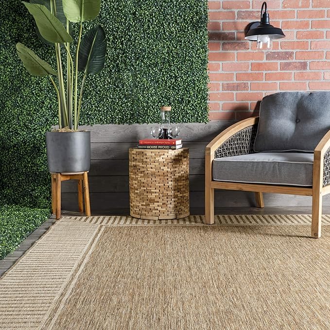 Nuloom Asha Light Brown/Ivory, 6'7" x 9', Casual, Striped Border, Soft and Cozy, High Traffic, Stain Resistant, Easy Clean, Durable Area Rug for Indoor/Outdoor Patio, Deck, Porch, Garden, Courtyard