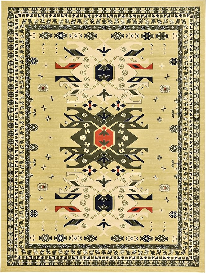 Unique Loom Taftan Collection Border Geometric Tribal Inspired Design Area Rug (9' 10 x 13' 0 Rectangular, Gold/ Gray)