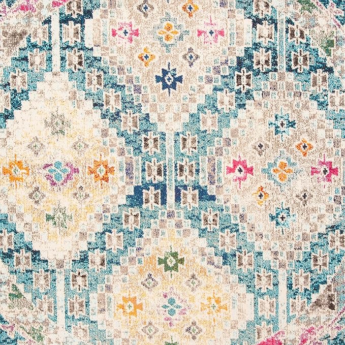 SAFAVIEH Madison Collection Area Rug - 6'7" Round, Dark Blue & Yellow, Boho Diamond Distressed Design, Non-Shedding & Easy Care, Ideal for High Traffic Areas in Living Room, Bedroom (MAD418N)
