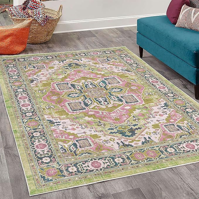 Ambesonne Ethnic Decorative Rug, Bohemian Retro Themed Floral Detail Cultural Abstract Shapes Flourish, Quality Carpet for Bedroom Dorm and Living Room, 4' X 5' 5", Pistachio Green Pink Teal