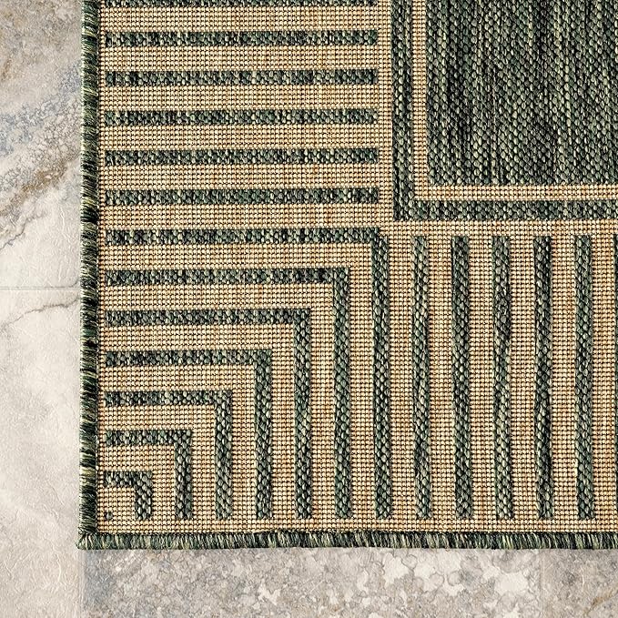Nuloom Asha Green/Brown, 4' x 6', Casual, Striped Border, Soft and Cozy, High Traffic, Stain Resistant, Easy Clean, Durable Area Rug for Indoor/Outdoor Patio, Deck, Porch, Garden, Courtyard