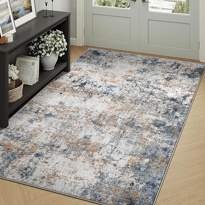 4x6 Washable Area Rug for Living Room, Multicolor Modern Vintage Abstract Rug Large Non-Slip Low Pile Soft Faux Wool Carpet, Kids and Pets Friendly for Bedroom Dining Room Farmhouse Home Decor Rug
