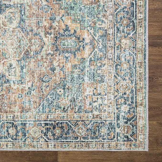 Bloom Rugs Caria Washable Non-Slip 7 ft Runner - Blue Green/Tangerine Traditional Runner for Entryway, Hallway, Bathroom, and Kitchen - Exact Size: 2'6" x 7'