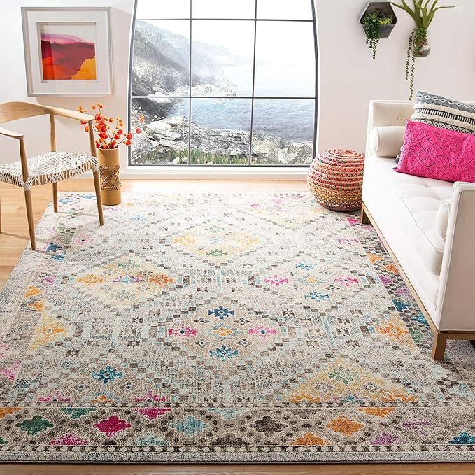 SAFAVIEH Madison Collection Area Rug - 10' x 14', Grey & Yellow, Boho Diamond Distressed Design, Non-Shedding & Easy Care, Ideal for High Traffic Areas in Living Room, Bedroom (MAD418F)