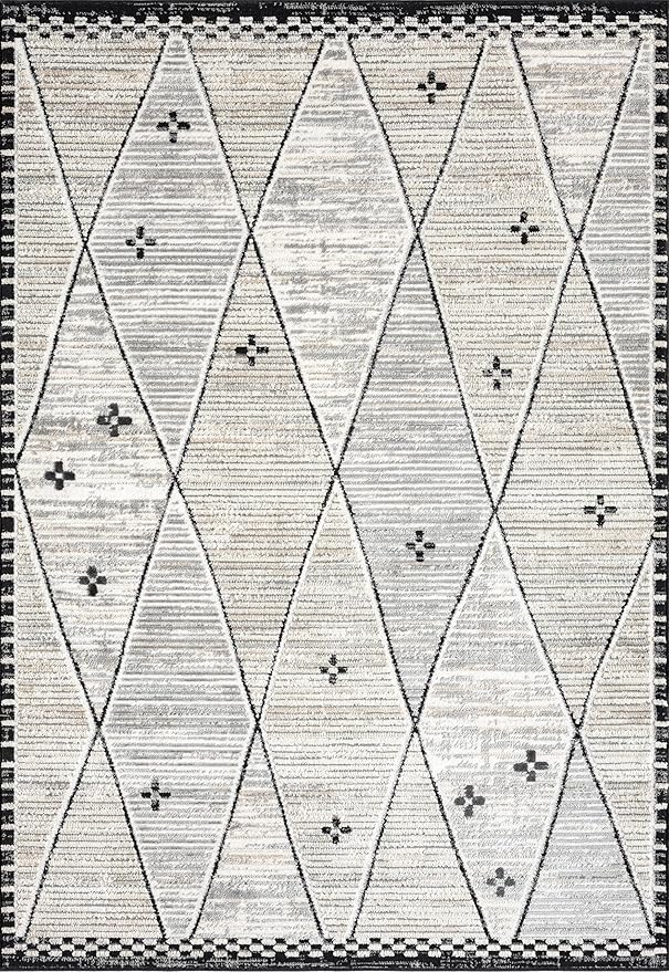 Abani Viva Cream & Grey Area Rug 6' x 9' for Living Room, Bedroom - Farmhouse Diamond Pattern - Durable & Easy to Clean