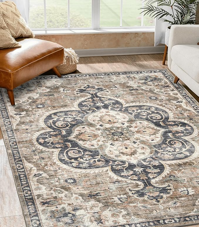 ReaLife Rugs Machine Washable Area Rug Runner - Living Room Bedroom Bathroom Kitchen Entryway Office - Padded Low Pile Stain Resistant Premium - Boho Farmhouse Vintage - Joy - Brown Beige 3' x 5'
