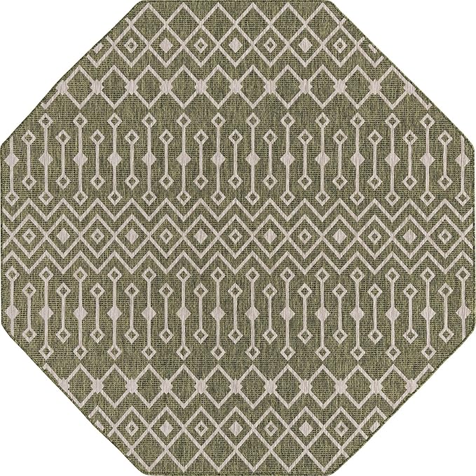 Unique Loom Outdoor Trellis Collection Area Rug - Tribal Trellis (7' 10" Octagon, Green/ Natural)