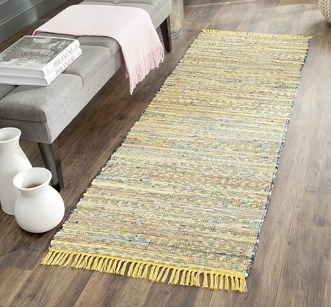 SAFAVIEH Rag Rug Collection Runner Rug - 2'3" x 12', Yellow & Multi, Handmade Boho Stripe Cotton, Ideal for High Traffic Areas in Living Room, Bedroom (RAR121H)