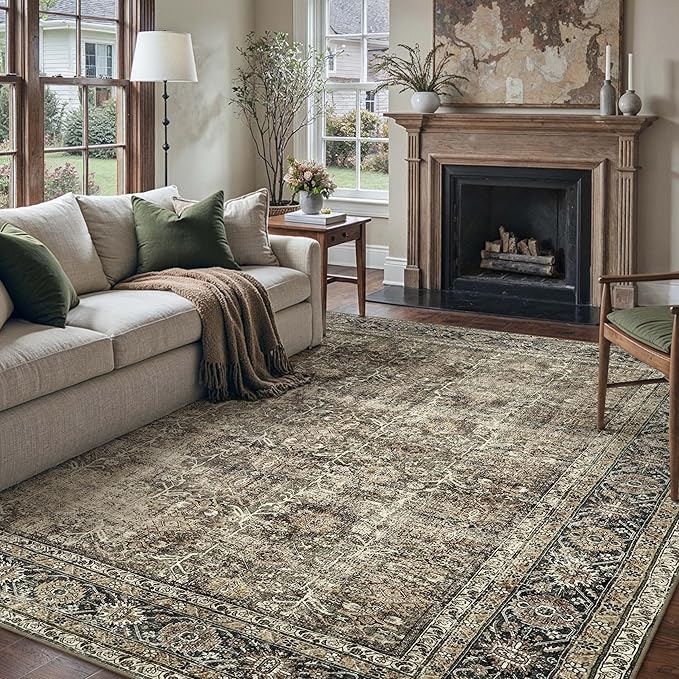 Vintage Area Rug 7x9 Brown Washable Living Room Large Carpet Non Slip Bedroom Indoor Office Low Pile Traditional Distressed Retro Accent Rug for Dining Room Kitchen