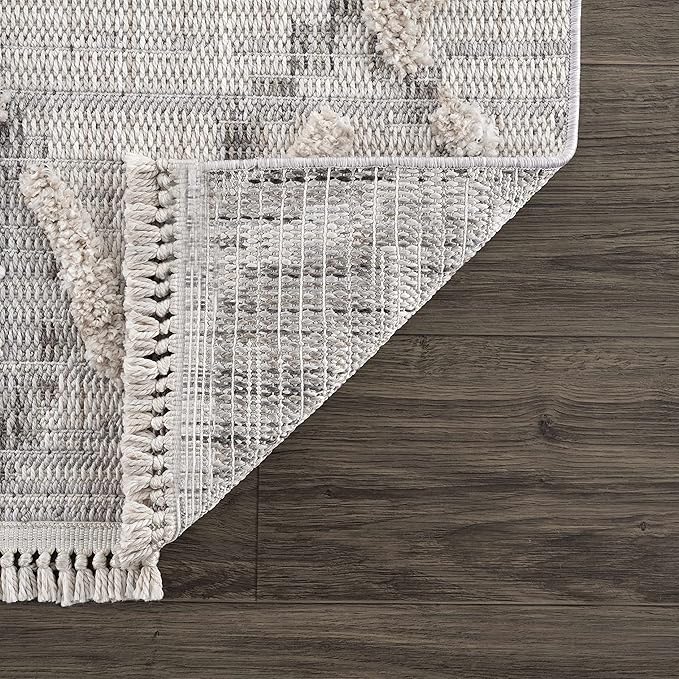 Hauteloom Bogtong Farmhouse Living Room Bedroom Moroccan Trellis Area Rug - Soft Shaggy High Low Carpet - High Pile - Bohemian, Boho - Gray, Beige, Cream - 6'7" x 9'