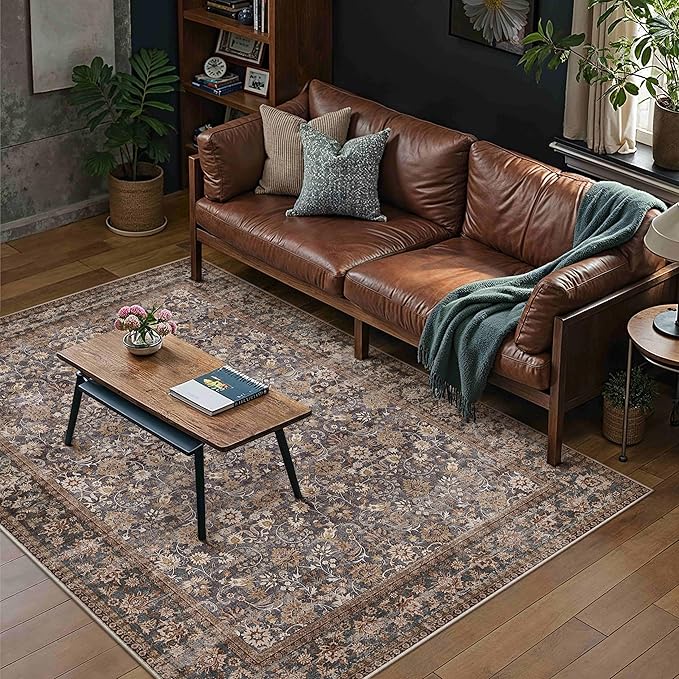 HUGEAR 3x5 Machine Washable Rugs Tradition Brown Hallway Area Rug Indoor Accent Rug Floral Low Pile Carpet Soft Throw Rug Bedroom Living Room Office Dining Room Kitchen Laundry Room Non Slip