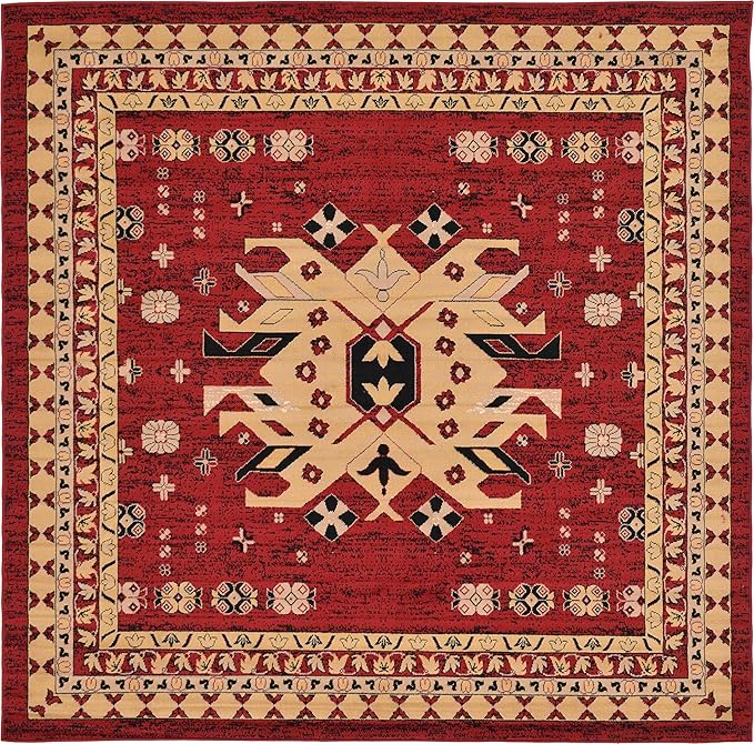 Unique Loom Taftan Collection Border Geometric Tribal Inspired Design Area Rug (8' 0 x 8' 0 Square, Red/ Gold)