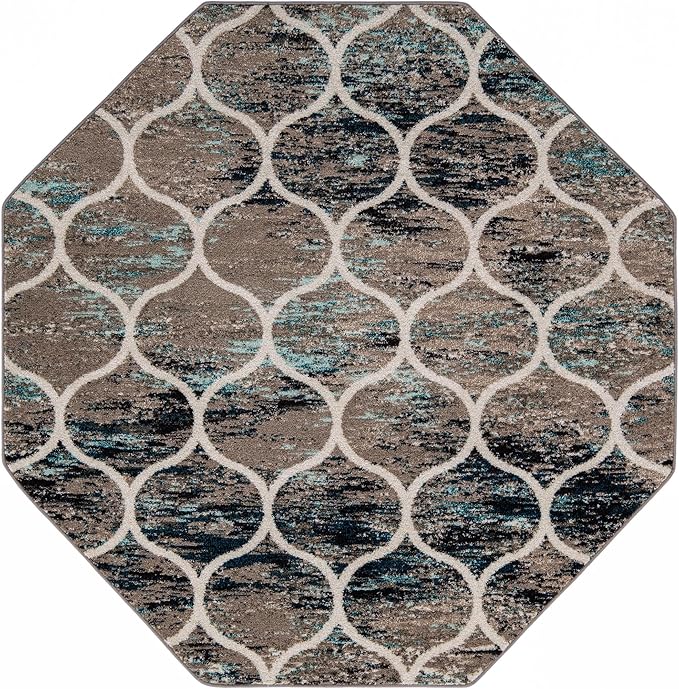 Rugs.com Lattice Frieze Collection Rug – 7 Ft Octagon Blue Multi Medium-Pile Rug Perfect for Living Rooms, Kitchens, Entryways