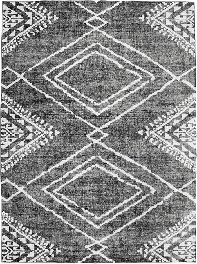 ReaLife Rugs Machine Washable Area Rug - Living Room Bedroom Bathroom Kitchen Entryway Office - Padded Low Pile Stain Resistant Premium - Moroccan Diamond Tribal - Jax - Gray 5' x 7'