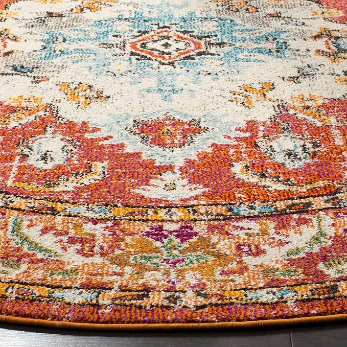 SAFAVIEH Monaco Collection Area Rug - 3' Round, Orange & Light Blue, Boho Chic Medallion Distressed Design, Non-Shedding & Easy Care, Ideal for High Traffic Areas in Living Room, Bedroom (MNC243H)