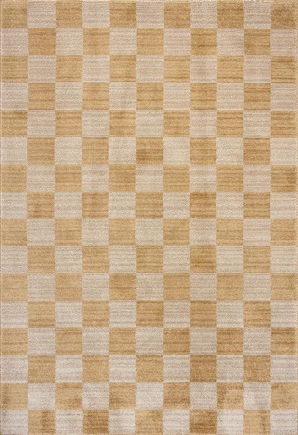 Loloi Chris Loves Julia Calvin Collection CLV-01 Apricot/Ivory 7'-10" x 7'-10" Round Area Rug Checkered Neutral Soft Living Room Bedroom Carpet