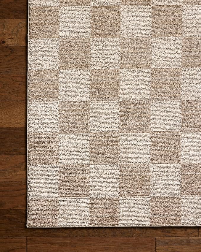 Loloi Chris Loves Julia Calvin Collection CLV-01 Pebble/Ivory 3'-6" x 5'-6" Accent Rug Checkered Neutral Soft Living Room Bedroom Carpet