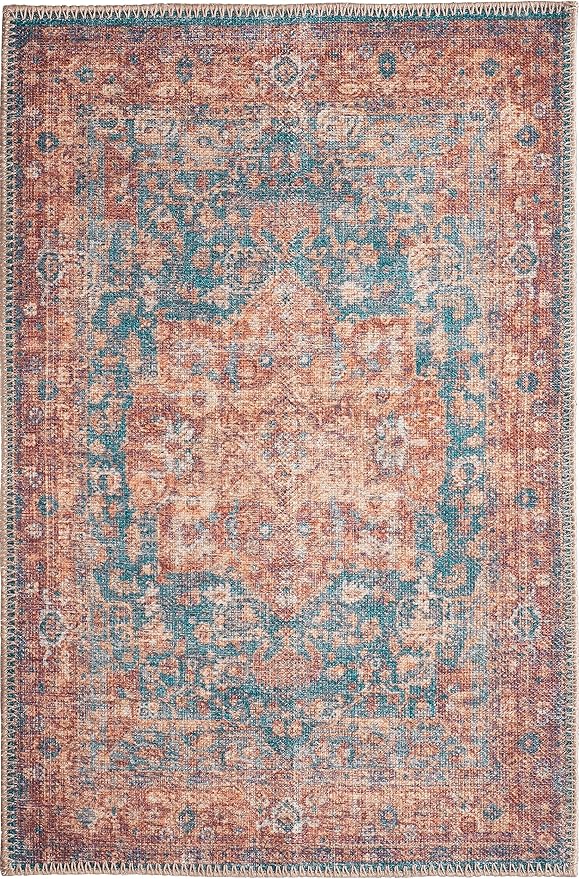GLN Rugs Traditional Collection - Machine Washable Area Rug, Traditional Washable, Non Slip, Low Pile Chenille Rug, Living Room, Bedroom, Kitchen Rug (2' x 3' Terra/Green)