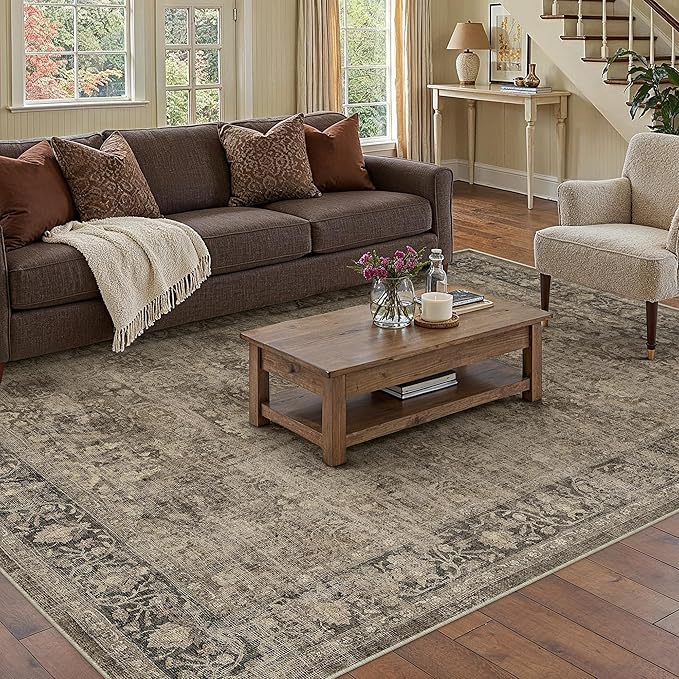 9x12 Brown Area Rug for Living Room Bedroom Neutral Vintage Soft Non Slip Rug Low Pile Distressed Large Carpet for Dining Room Nursery Office Indoor