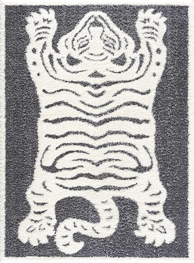 Hauteloom Tilos Moroccan Farmhouse Living Room Bedroom Nursery Shag Area Rug - Shaggy Carpet - Tiger Pattern - High Plush Pile - Dark Grey, Charcoal, Beige, Cream - 5'3" x 7'