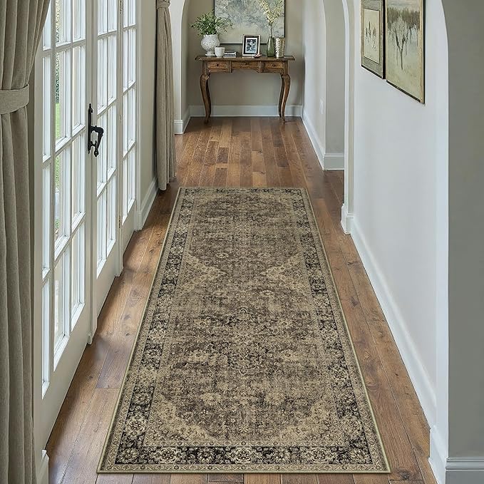 HUGEAR 2x6 Runner Rug Hallway Machine Washable Retro Brown Vintage Floral Low Pile Carpet Distressed Long Throw Rug Bedroom Office Bathroom Kitchen Laundry Non Slip Soft Lightweight