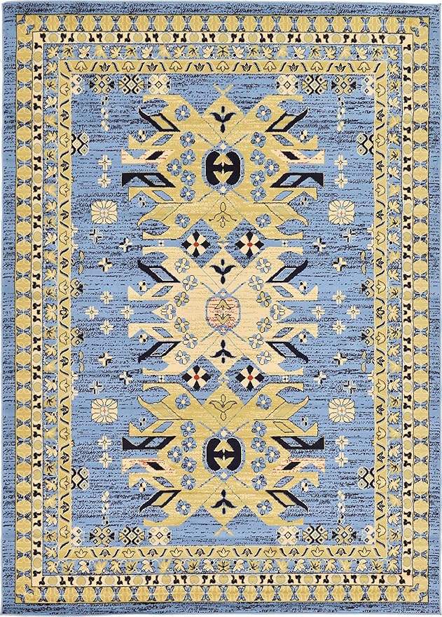 Unique Loom Taftan Collection Border Geometric Tribal Inspired Design Area Rug, 7 ft x 10 ft, Light Blue/Gold