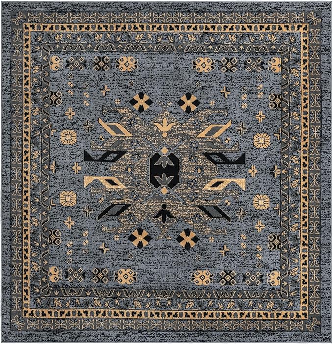 Unique Loom Taftan Collection Border Geometric Tribal Inspired Design Area Rug (8' 0 x 8' 0 Square, Gray/ Black)
