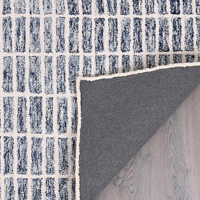 Hand-Tufted 100% Wool Area Rug – Unique Modern Geometric Grid Pattern, Soft Plush Textured Carpet for Living Room, Bedroom, Dining Room & Entryway (Denim Blue, 2.6' x 12')