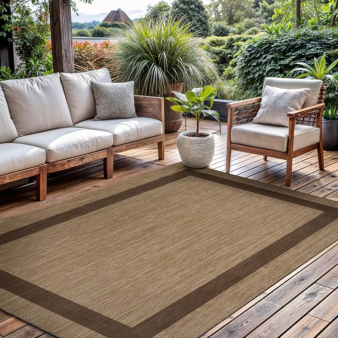 CAMILSON Outdoor Rug 10x14 - Large Modern Outside Rugs for Patios Porches Waterproof Durable Washable Non-Shedding, Easy-to-Clean Indoor Outdoor Area Carpet (10 x 14, Bordered - Jute)