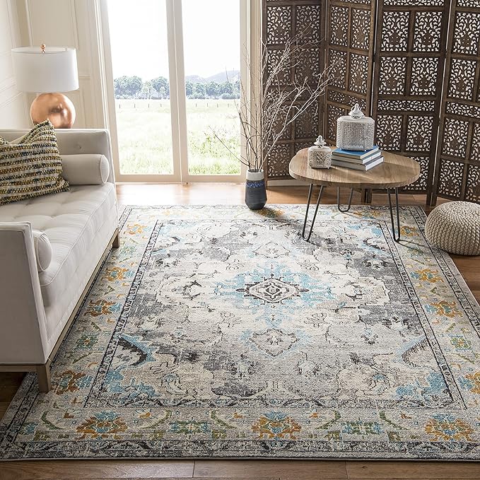 SAFAVIEH Monaco Collection Area Rug - 10' x 14', Grey & Light Blue, Boho Chic Medallion Distressed Design, Non-Shedding & Easy Care, Ideal for High Traffic Areas in Living Room, Bedroom (MNC243G)