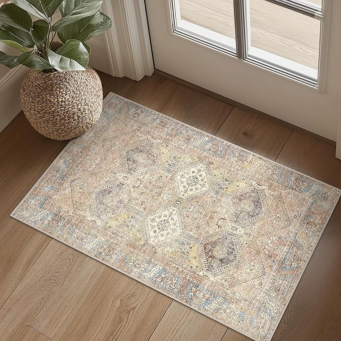 Bavni Clearance 2x3 Rugs for Entryway Indoor, Machine Washable Area Rug Non Slip, Vintage Distressed Throw Rugs, Ultra-Thin Small Entry Carpet, Low Pile Door Mat for Entrance, Bedroom, Bathroom, Wood