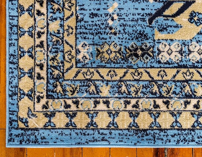 Unique Loom Taftan Collection Border Geometric Tribal Inspired Design Area Rug (4' 0 x 6' 0 Rectangular, Light Blue/ Gold)
