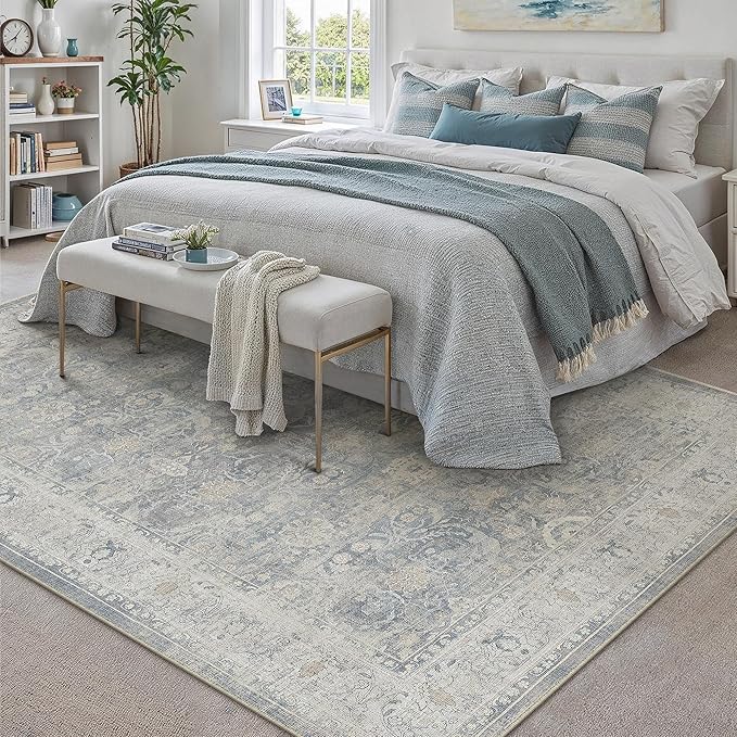 6x9 Blue Washable Area Rug for Living Room Bedroom Neutral Soft Non Slip Rug Low Pile Vintage Distressed Carpet for Dining Room Nursery Office Indoor