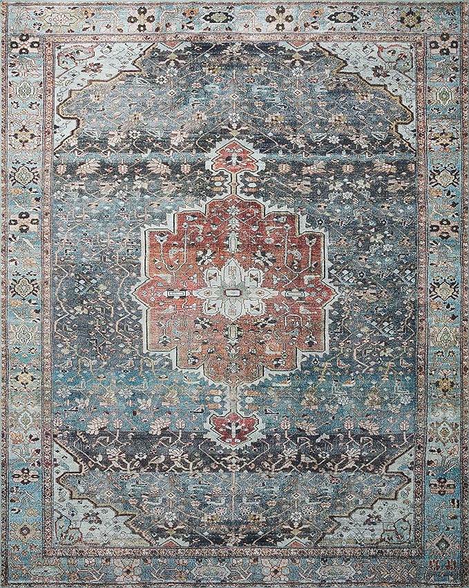 Loloi Margot Collection MAT-05 Ocean/Brick 2'-6" x 9'-6" Runner Rug feat. CloudPile, No-Shed Easy Clean Large Patterned Area Rug for Living Room, Bedroom, Dining Area