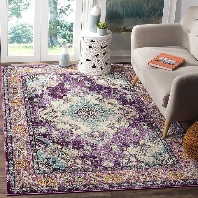 SAFAVIEH Monaco Collection Accent Rug - 4' x 5'7", Violet & Light Blue, Medallion Distressed Design, Non-Shedding & Easy Care, Ideal for High Traffic Areas in Entryway, Living Room, Bedroom (MNC243L)