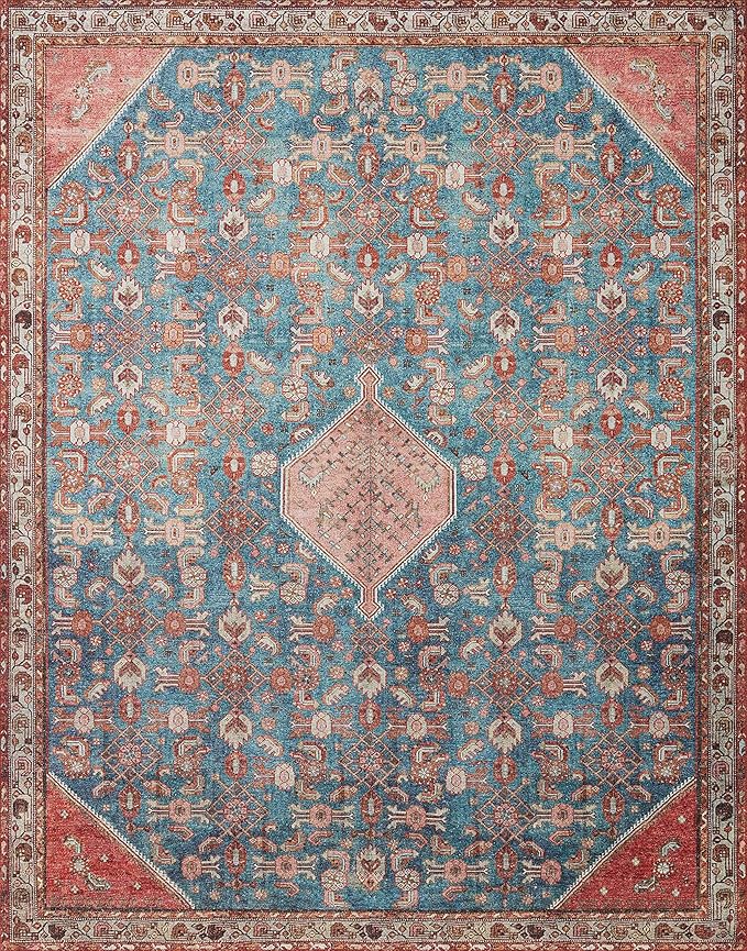 Loloi Layla Collection LAY-10 Marine/Clay 2'-6" x 7'-6" .13" Thick Runner Rug, Soft, Durable, Vintage Inspired, Distressed, Low Pile, Non-Shedding, Easy Clean, Printed, Living Room Rug