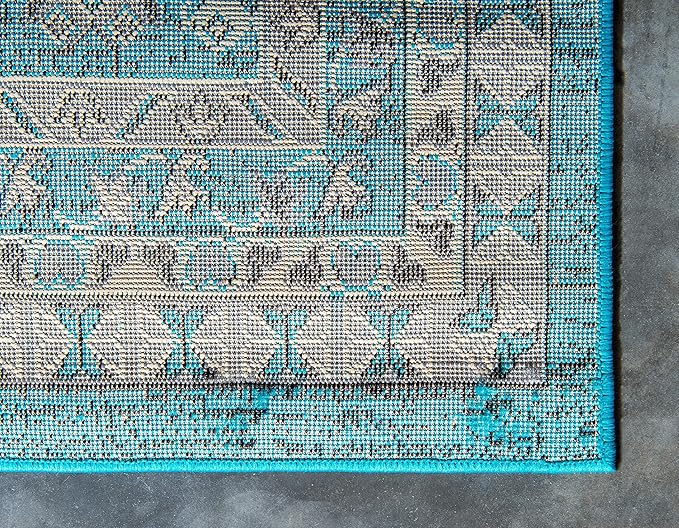 Unique Loom Taftan Collection Border Geometric Tribal Inspired Design Area Rug (9' 10 x 13' 0 Rectangular, Turquoise/ Gray)