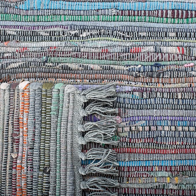 SAFAVIEH Rag Rug Collection Area Rug - 4' Square, Aqua & Multi, Handmade Boho Stripe Cotton, Ideal for High Traffic Areas in Living Room, Bedroom (RAR121K)