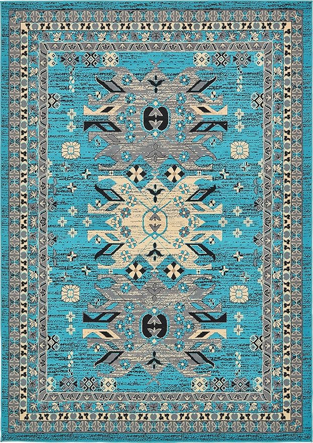Unique Loom Taftan Collection Border Geometric Tribal Inspired Design Area Rug (7' 0 x 10' 0 Rectangular, Turquoise/ Gray)