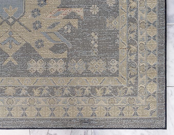 Unique Loom Taftan Collection Border Geometric Tribal Inspired Design Area Rug (7' 0 x 10' 0 Rectangular, Navy Blue/ Gold)