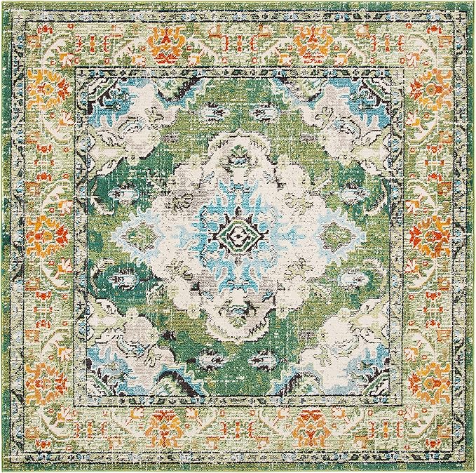 SAFAVIEH Monaco Collection Area Rug - 4' Square, Forest Green & Light Blue, Medallion Distressed Design, Non-Shedding & Easy Care, Ideal for High Traffic Areas in Living Room, Bedroom (MNC243F)